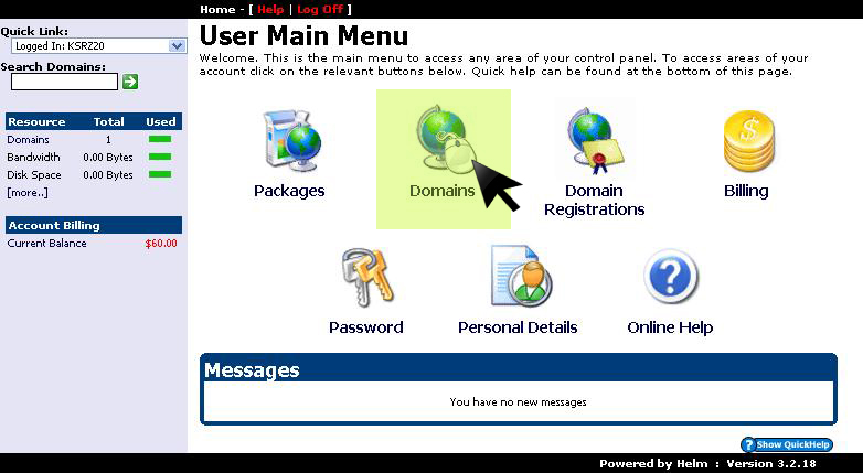 Control panel Domains menu